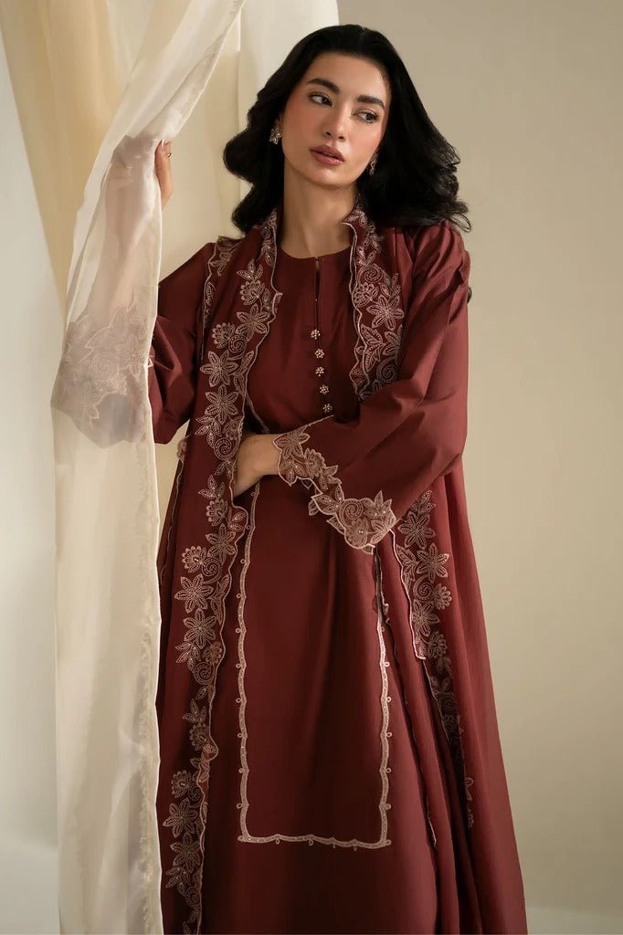 Rust Hue - 3pc Premium Linen Embroidered with Chiffon Dupatta - Musaya
