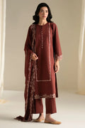 Rust Hue - 3pc Premium Linen Embroidered with Chiffon Dupatta - Musaya