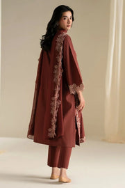 Rust Hue - 3pc Premium Linen Embroidered with Chiffon Dupatta - Musaya