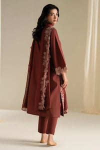 Rust Hue - 3pc Premium Linen Embroidered with Chiffon Dupatta - Musaya