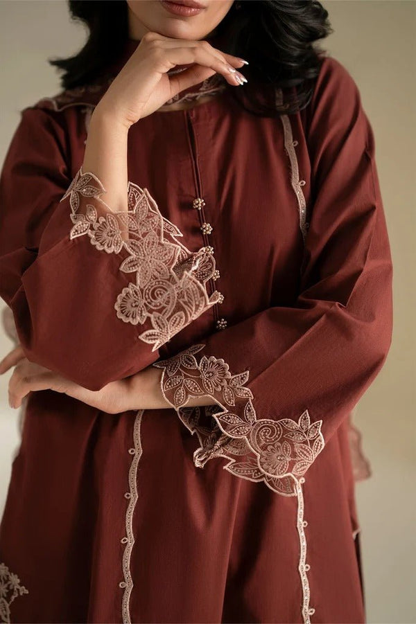Rust Hue - 3pc Premium Linen Embroidered with Chiffon Dupatta - Musaya