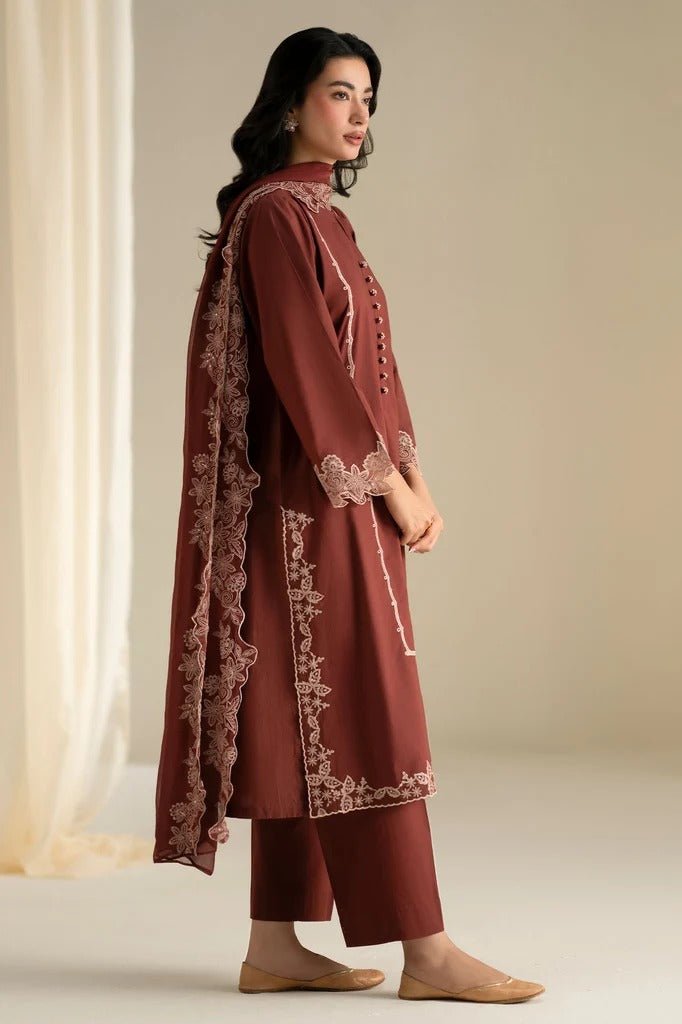 Rust Hue - 3pc Premium Linen Embroidered with Chiffon Dupatta - Musaya