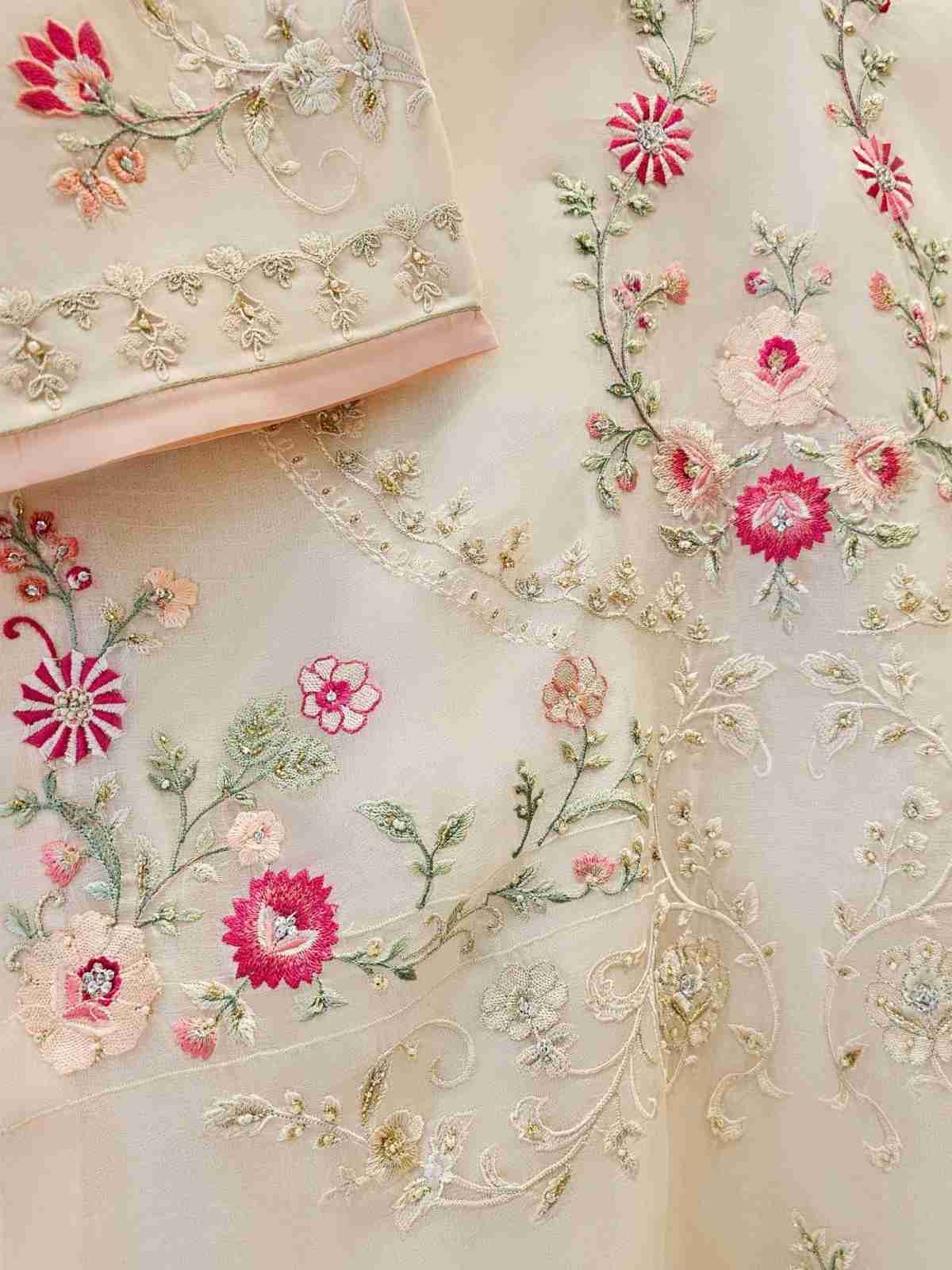 Sahiba - Ivory 3pc Premium Soft Organza - Embroidery + Embellishment