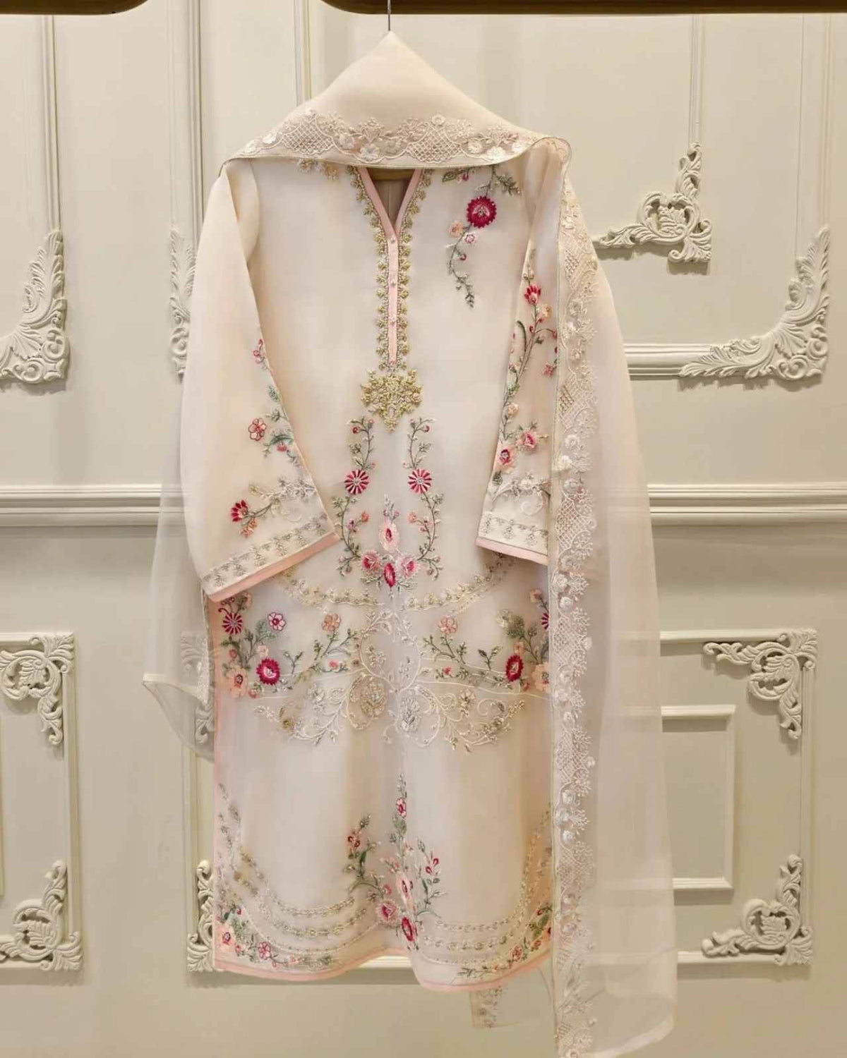 Sahiba - Ivory 3pc Premium Soft Organza - Embroidery + Embellishment